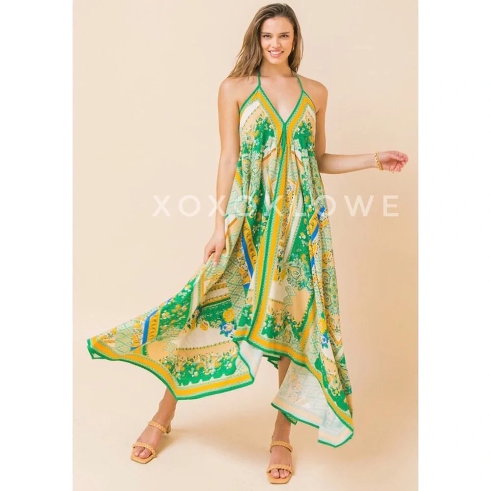 Boho Print Hanky Hem Halter Midi Dress - Picture 3 of 10